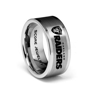 8mm Tungsten Band with Flat Edge and Brushed Finish NFL Football Oakland Raiders Logo Laser Engraved Ring