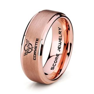 8mm 14K Rose Gold Tungsten Band with Step Edge Chevrolet Ring, Chevy Ring, Corvette Ring