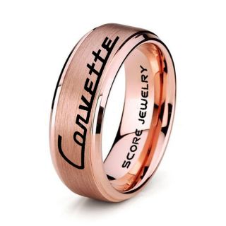 8mm 14K Rose Gold Tungsten Band with Step Edge Chevrolet Ring, Chevy Ring, Corvette Ring