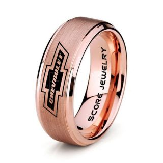 8mm 14K Rose Gold Tungsten Band with Step Edge Chevrolet Ring, Chevy Ring, Corvette Ring