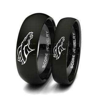 Broncos Rings, Broncos Jewelry, 2 Piece Couple Set 8mm & 6mm Black Tungsten Bands, Broncos Wedding Bands, Broncos Wedding Rings
