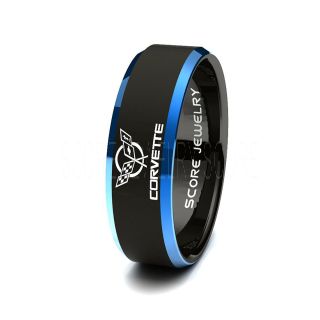 8mm Black Tungsten Band with Blue Beveled Edge Chevrolet, Chevy, Corvette Logo Ring