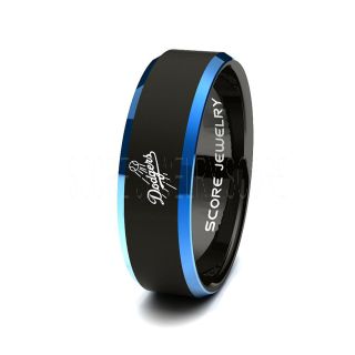 8mm Black Tungsten Band with Blue Beveled Edge MLB Baseball Los Angeles Dodgers Ring
