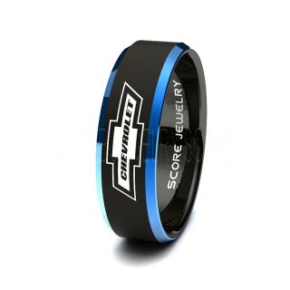 8mm Black Tungsten Band with Blue Beveled Edge Chevrolet, Chevy, Corvette Logo Ring