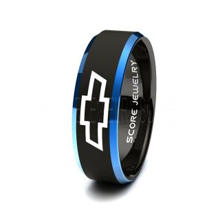 8mm Black Tungsten Band with Blue Beveled Edge Chevrolet, Chevy, Corvette Logo Ring