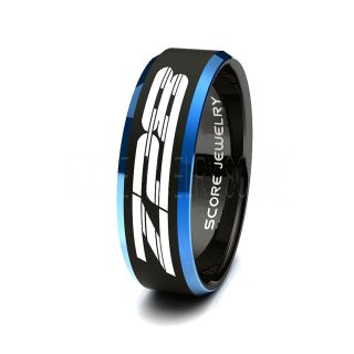 8mm Black Tungsten Band with Blue Beveled Edge Chevrolet, Chevy, Camaro Z28 Logo Ring