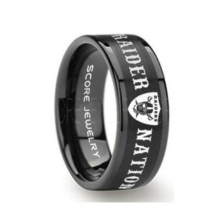 8mm Black Tungsten Band with Flat Edge and Brushed Finish NFL Football RN4L Oakland Raiders Logo Laser Engraved Ring