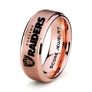 6mm Rose Gold Tungsten Band with Step Edge and Brushed Finish NFL Football Oakland Raiders Logo Laser Engraved Ring Female Sports Ring Ladies Raiders Ring