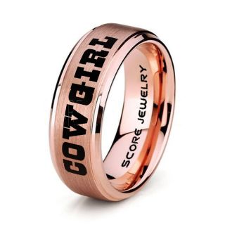 2 Piece Couple Set 8mm & 6mm Rose Gold Tungsten Bands with Step Edge and Brushed Finish Cowboy and Cowgirl Wedding Bands 
