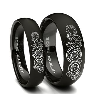 2 Piece Couple Set Black Tungsten Bands with Domed Edge Gallifreyan Inspired Laser Engraved Rings  8mm & 6mm