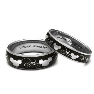 2 Piece Couple Set Black Tungsten Bands with Domed Edge and Matte Finish Mickey Mouse Pattern Laser Engraved Rings - 8mm & 6mm Rings