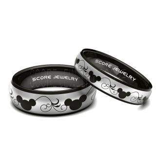 2 Piece Couple Set Black Tungsten Bands with Domed Edge Mickey Mouse Pattern Laser Engraved Rings - 8mm & 6mm Rings