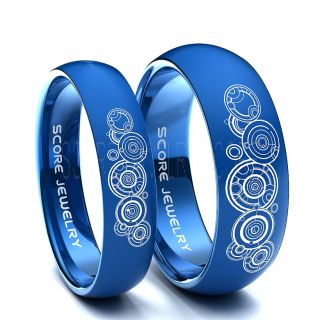 2 Piece Couple Set Blue Tungsten Bands with Domed Edge Gallifreyan Inspired Laser Engraved Rings  8mm & 6mm