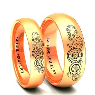 2 Piece Couple Set 14K Rose Gold Tungsten Bands with Domed Edge Gallifreyan Inspired Laser Engraved Rings  8mm & 6mm