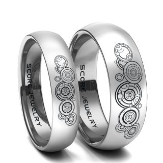 2 Piece Couple Set Tungsten Bands with Domed Edge Gallifreyan Inspired Laser Engraved Rings  8mm & 6mm