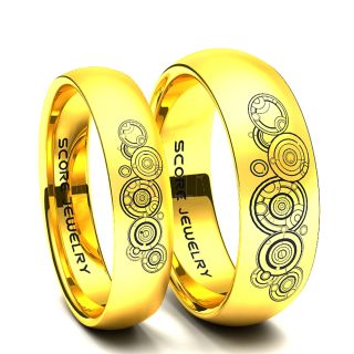 2 Piece Couple Set 14K Yellow Gold Tungsten Bands with Domed Edge Gallifreyan Inspired Laser Engraved Rings  8mm & 6mm