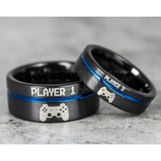 Player 1 Player 2 Rings, Gamer Rings, Black Tungsten Rings, Black Wedding Bands, Couple Ring Set Gamer Rings