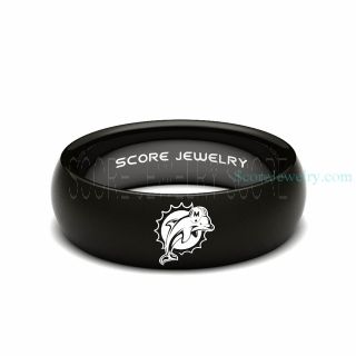 Black Tungsten Band with Domed Edge NFL Football Miami Dolphins Logo Ring