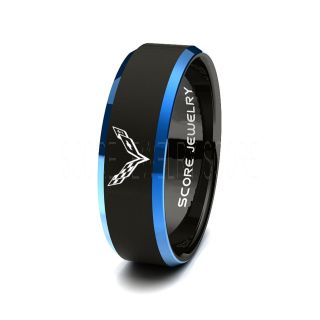 Black Tungsten Ring with Blue Beveled Edge Polished Finish 8mm Tungsten Wedding Band Chevrolet Corvette Ring
