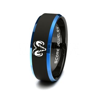Black Tungsten Ring with Blue Beveled Edge Polished Finish 8mm Tungsten Wedding Band Dodge Ram Ring