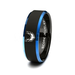 Pontiac Firebird Ring, Black Tungsten Ring with Blue Beveled Edge Polished Finish 8mm Tungsten Wedding Band Pontiac Firebird Ring