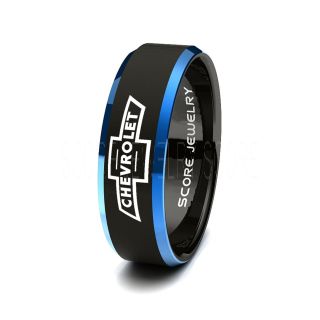 Chevy Ring, Black Tungsten Ring with Blue Beveled Edge Polished Finish 8mm Tungsten Wedding Band Chevrolet Ring Chevy Ring