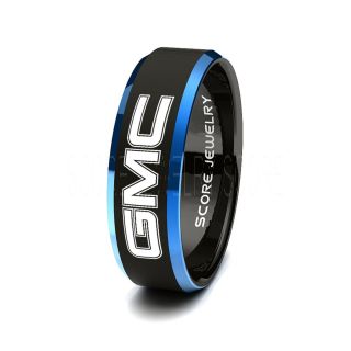 Black Tungsten Ring with Blue Beveled Edge Polished Finish 8mm Tungsten Wedding Band GMC Trucks Ring General Motors Ring GM Ring