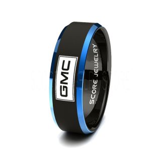 Black Tungsten Ring with Blue Beveled Edge Polished Finish 8mm Tungsten Wedding Band GMC Trucks Ring General Motors Ring GM Ring