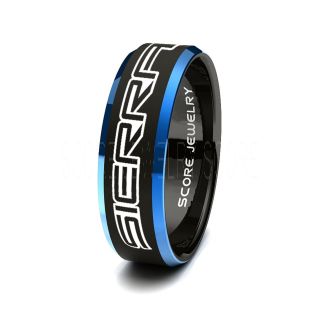 Black Tungsten Ring with Blue Beveled Edge Polished Finish 8mm Tungsten Wedding Band GMC Sierra Trucks Ring General Motors Ring GM Ring