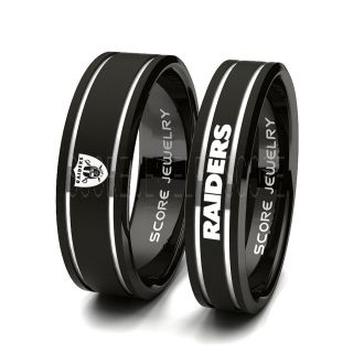 Oakland Raiders Rings 2 Piece Couple Set Black Tungsten Bands with Flat Edge and 2 Silver Grooves 8mm and 6mm Black Tungsten Rings