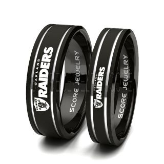 Oakland Raiders Rings 2 Piece Couple Set Black Tungsten Bands with Flat Edge and 2 Silver Grooves 8mm and 6mm Black Tungsten Rings