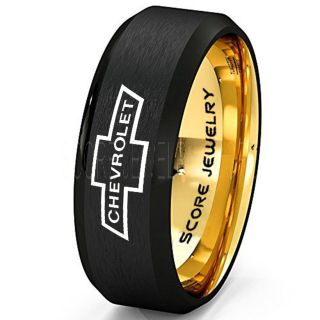 Black Tungsten Ring with Beveled Edge Brushed Finish 8mm Tungsten Wedding Band Chevy Bowtie Ring Chevrolet Ring Chevy Ring