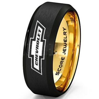 Black Tungsten Ring with Beveled Edge Brushed Finish 8mm Tungsten Wedding Band Chevy Bowtie Ring Chevrolet Ring Chevy Ring