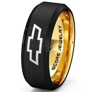 Black Tungsten Ring with Beveled Edge Brushed Finish 8mm Tungsten Wedding Band Chevy Bowtie Ring Chevrolet Ring Chevy Ring