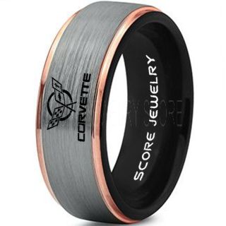 Silver Tungsten Ring with 14K Rose Gold Step Edge Brushed Finish 8mm Tungsten Wedding Band Corvette Ring Chevrolet Ring Chevy Ring