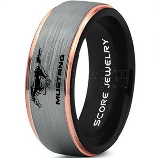 Silver Tungsten Ring with 14K Rose Gold Step Edge Brushed Finish 8mm Tungsten Wedding Band Mustang Ring Ford Ring Ford Mustang Ring