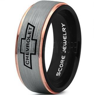 Silver Tungsten Ring with 14K Rose Gold Step Edge Brushed Finish 8mm Tungsten Wedding Band Chevy Bowtie Ring Chevrolet Ring Chevy Ring