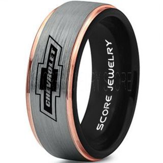 Silver Tungsten Ring with 14K Rose Gold Step Edge Brushed Finish 8mm Tungsten Wedding Band Chevy Bowtie Ring Chevrolet Ring Chevy Ring