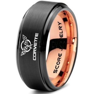 Black Tungsten Ring with Step Edge Brushed Finish 8mm Tungsten Wedding Band Corvette Ring Chevrolet Ring Chevy Ring