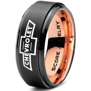 Black Tungsten Ring with Step Edge Brushed Finish 8mm Tungsten Wedding Band Chevy Bowtie Ring Chevrolet Ring Chevy Ring