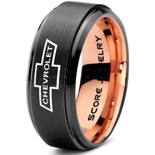Black Tungsten Ring with Step Edge Brushed Finish 8mm Tungsten Wedding Band Chevy Bowtie Ring Chevrolet Ring Chevy Ring
