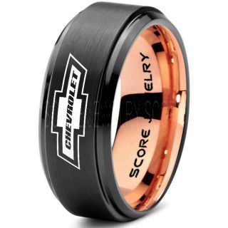 Black Tungsten Ring with Step Edge Brushed Finish 8mm Tungsten Wedding Band Chevy Bowtie Ring Chevrolet Ring Chevy Ring