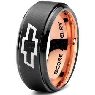 Black Tungsten Ring with Step Edge Brushed Finish 8mm Tungsten Wedding Band Chevy Bowtie Ring Chevrolet Ring Chevy Ring