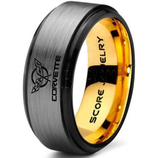 Silver Tungsten Ring with Step Edge Brushed Finish 8mm Tungsten Wedding Band Corvette Ring Chevrolet Ring Chevy Ring