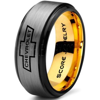 Silver Tungsten Ring with Step Edge Brushed Finish 8mm Tungsten Wedding Band Chevy Bowtie Ring Chevrolet Ring Chevy Ring