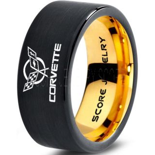 Black Tungsten Ring with Flat Edge Brushed Finish 8mm Tungsten Wedding Band Corvette Ring Chevrolet Ring Chevy Ring