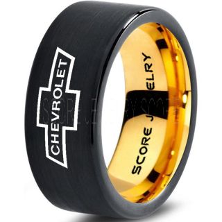 Black Tungsten Ring with Flat Edge Brushed Finish 8mm Tungsten Wedding Band Chevy Bowtie Ring Chevrolet Ring Chevy Ring
