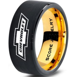 Black Tungsten Ring with Flat Edge Brushed Finish 8mm Tungsten Wedding Band Chevy Bowtie Ring Chevrolet Ring Chevy Ring