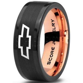 Black Tungsten Ring with Flat Edge Brushed Finish 8mm Tungsten Wedding Band Chevy Bowtie Ring Chevrolet Ring Chevy Ring