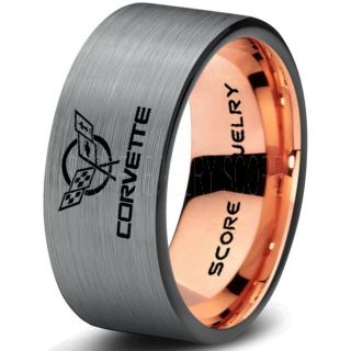 Silver Tungsten Ring with Flat Edge Brushed Finish 8mm Tungsten Wedding Band Corvette Ring Chevrolet Ring Chevy Ring